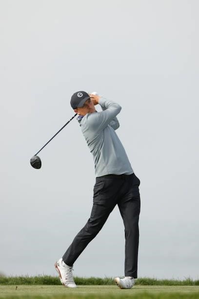Jordan Spieth of the United States plays his shot from the fourth tee during a practice round prior to the start of the 2021 U.S. Open at Torrey...
