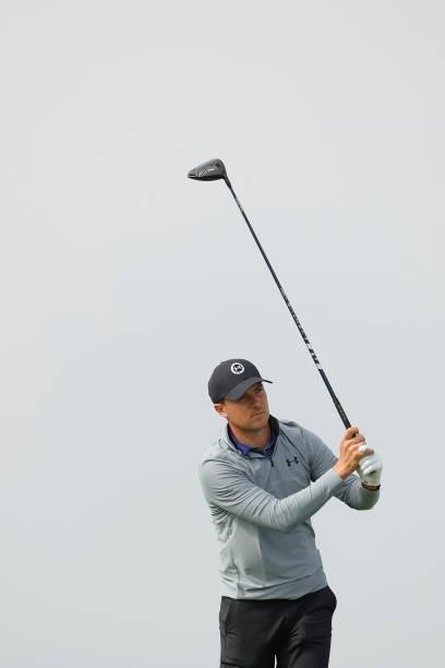 Jordan Spieth of the United States watches his shot from the fourth tee during a practice round prior to the start of the 2021 U.S. Open at Torrey...