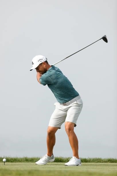 Xander Schauffele of the United States plays his shot from the fourth tee during a practice round prior to the start of the 2021 U.S. Open at Torrey...