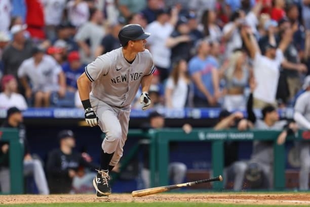 LeMahieu of the New York Yankees hits a three-run home run to tie the game in the ninth inning against the Philadelphia Phillies at Citizens Bank...