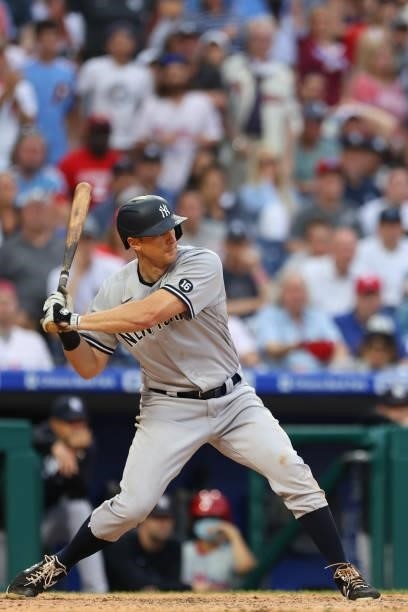 LeMahieu of the New York Yankees in action against the Philadelphia Phillies during a game at Citizens Bank Park on June 12, 2021 in Philadelphia,...