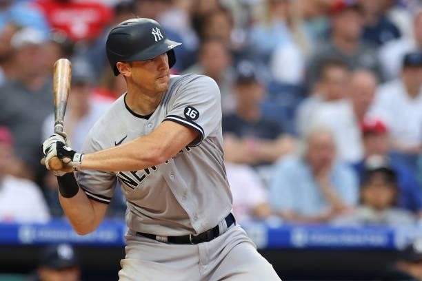 LeMahieu of the New York Yankees in action against the Philadelphia Phillies during a game at Citizens Bank Park on June 12, 2021 in Philadelphia,...