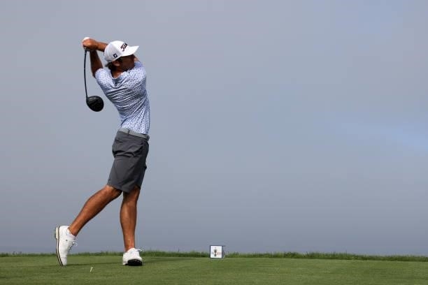 Max Homa of the United States plays his shot from the fourth tee during a practice round prior to the start of the 2021 U.S. Open at Torrey Pines...