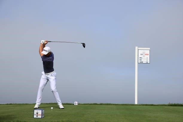 Jordan Spieth of the United States plays his shot from the fourth tee during a practice round prior to the start of the 2021 U.S. Open at Torrey...