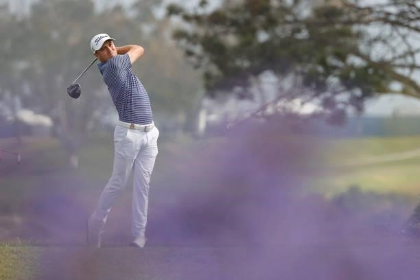 Justin Thomas of the United States plays his shot from the fifth tee during a practice round prior to the start of the 2021 U.S. Open at Torrey Pines...