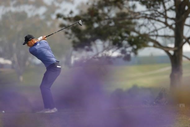 Jordan Spieth of the United States plays his shot from the fifth tee during a practice round prior to the start of the 2021 U.S. Open at Torrey Pines...