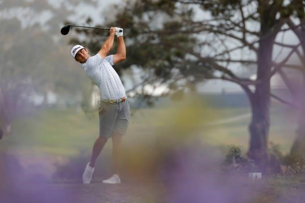 Max Homa of the United States plays his shot from the fifth tee during a practice round prior to the start of the 2021 U.S. Open at Torrey Pines Golf...