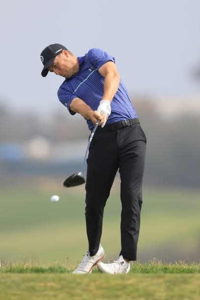Jordan Spieth of the United States plays a tee shot during a practice round prior to the start of the 2021 U.S. Open at Torrey Pines Golf Course on...