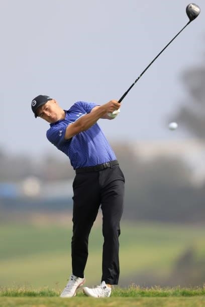 Jordan Spieth of the United States plays a tee shot during a practice round prior to the start of the 2021 U.S. Open at Torrey Pines Golf Course on...
