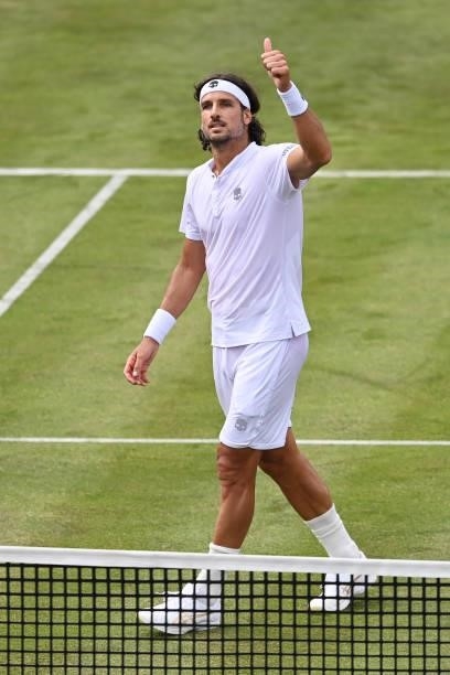 Feliciano Lopez of Spain celebrates victory after winning his First Round match against Illya Marchenko of Ukraine during Day 1 of the cinch...