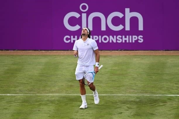 Feliciano Lopez of Spain celebrates match point in his First Round match against Illya Marchenko of Ukraine during Day 1 of the cinch Championships...