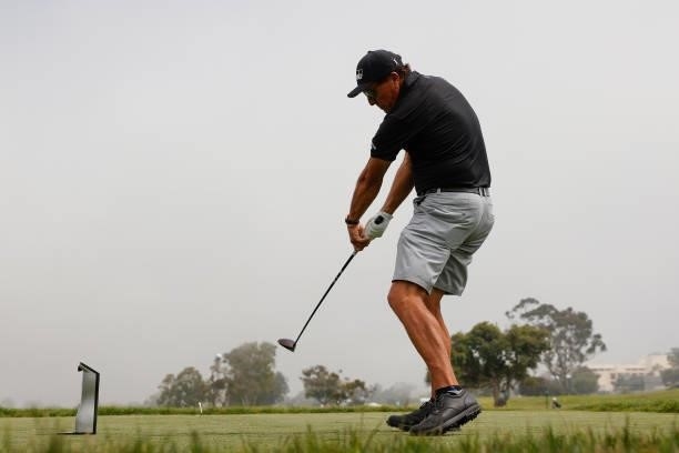 Phil Mickelson of the United States plays his shot from the 14th tee during a practice round prior to the start of the 2021 U.S. Open at Torrey Pines...