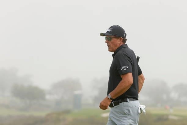 Phil Mickelson of the United States looks on from the 13th green during a practice round prior to the start of the 2021 U.S. Open at Torrey Pines...