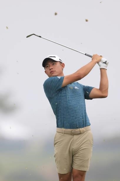 Collin Morikawa of the United States plays a shot on the second fairway prior to the start of the 2021 U.S. Open at Torrey Pines Golf Course on June...