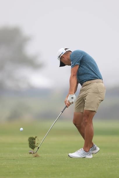 Collin Morikawa of the United States plays a shot on the second fairway prior to the start of the 2021 U.S. Open at Torrey Pines Golf Course on June...