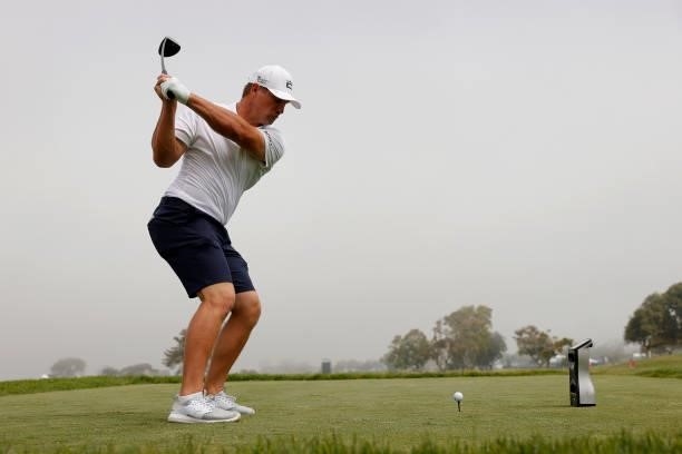 Bryson DeChambeau of the United States plays his shot from the 14th tee prior to the start of the 2021 U.S. Open at Torrey Pines Golf Course on June...