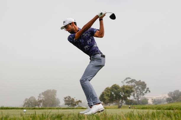 Akshay Bhatia of the United States plays his shot from the 14th tee prior to the start of the 2021 U.S. Open at Torrey Pines Golf Course on June 14,...