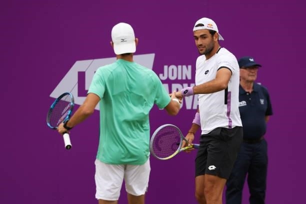 Matteo Berrettini of Italy and playing partner Andrea Vavassori of Italy celebrate in their First Round Doubles match against Cameron Norrie of Great...