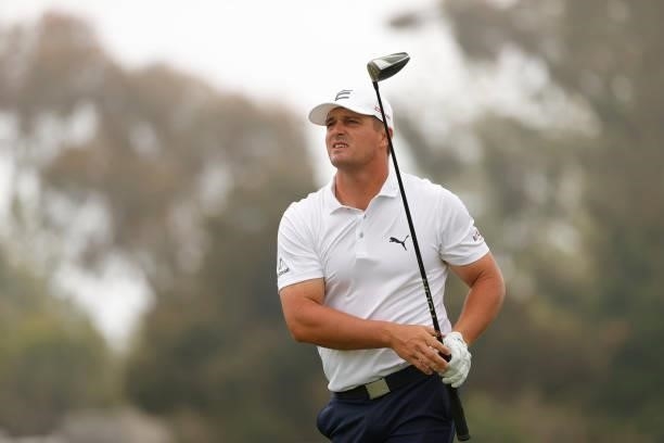 Bryson DeChambeau of the United States plays his shot from the 15th tee prior to the start of the 2021 U.S. Open at Torrey Pines Golf Course on June...