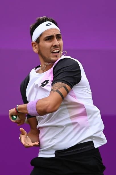Alejandro Tabilo of Chile plays a forehand in his First Round match against Aslan Karatsev of Russia during Day 1 of the cinch Championships at The...