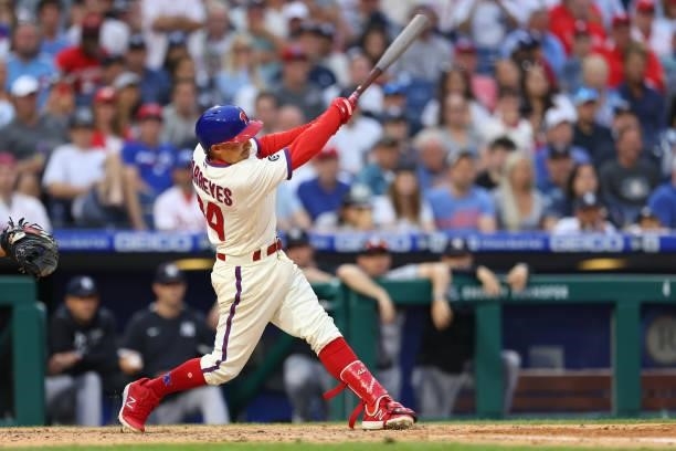 Ronald Torreyes of the Philadelphia Phillies in action against the New York Yankees during a game at Citizens Bank Park on June 12, 2021 in...