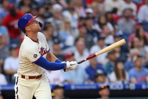 Rhys Hoskins of the Philadelphia Phillies in action against the New York Yankees during a game at Citizens Bank Park on June 12, 2021 in...