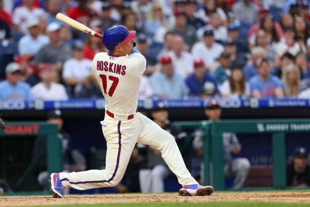 Rhys Hoskins of the Philadelphia Phillies in action against the New York Yankees during a game at Citizens Bank Park on June 12, 2021 in...