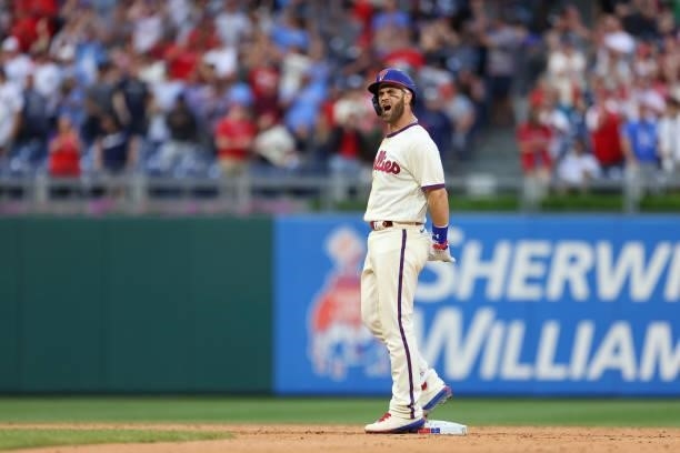Bryce Harper of the Philadelphia Phillies reacts after hitting a double against the New York Yankees in the ninth inning of a game at Citizens Bank...