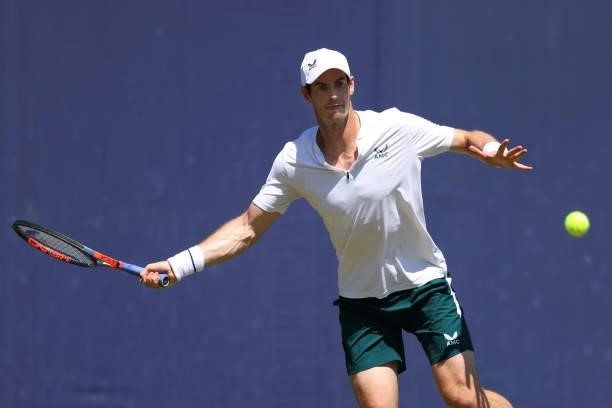 Andy Murray of Great Britain plays a forehand during a practice session during Day 1 of the cinch Championships at The Queen's Club on June 14, 2021...