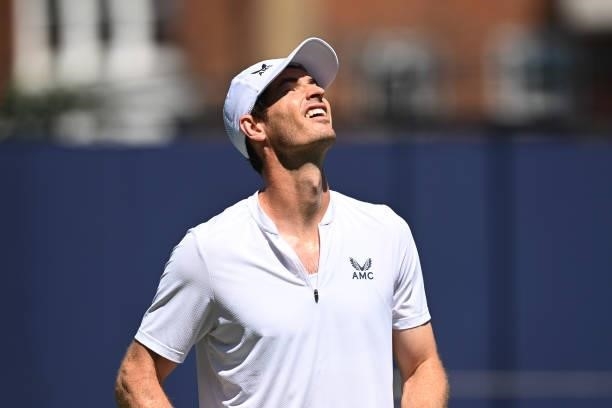 Andy Murray of Great Britain looks on during a practice session during Day 1 of the cinch Championships at The Queen's Club on June 14, 2021 in...