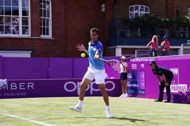 Albert Ramos Vinolas of Spain plays a forehand in his First Round match against Cameron Norrie of Great Britain during Day 1 of the cinch...