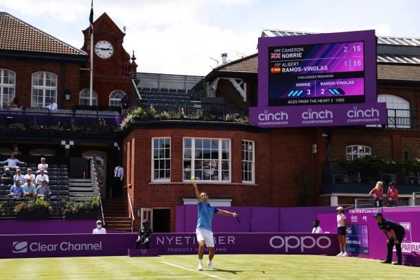 Albert Ramos Vinolas of Spain serves in his First Round match against Cameron Norrie of Great Britain during Day 1 of the cinch Championships at The...