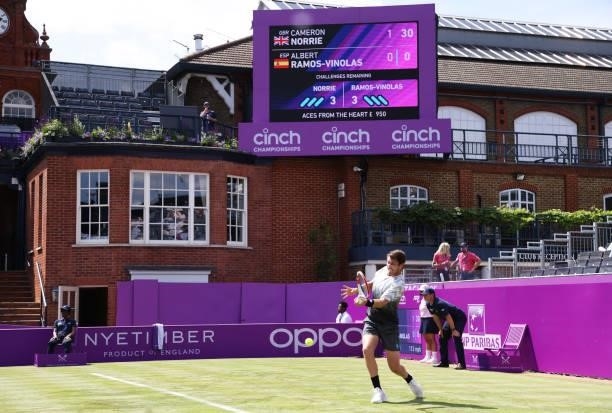 Cameron Norrie of Great Britain plays a forehand in his First Round match against Albert Ramos Vinolas of Spain during Day 1 of the cinch...