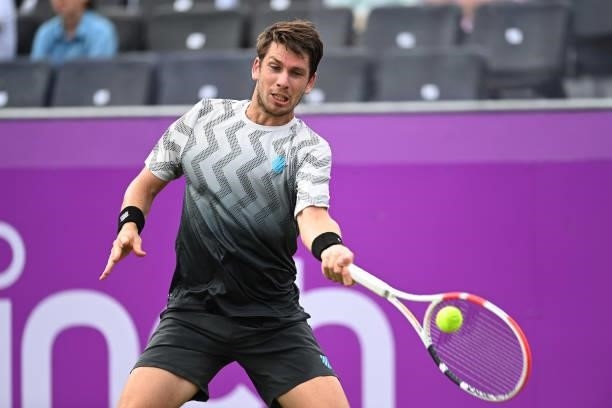 Cameron Norrie of Great Britain plays a forehand in his First Round match against Albert Ramos Vinolas of Spain during Day 1 of the cinch...