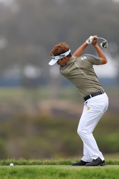 Yosuke Asaji of Japan plays his shot from the second tee during a practice round prior to the start of the 2021 U.S. Open at Torrey Pines Golf Course...