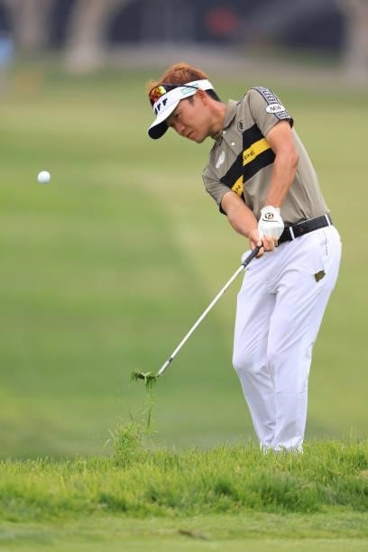 Yosuke Asaji of Japan chips to the first green during a practice round prior to the start of the 2021 U.S. Open at Torrey Pines Golf Course on June...