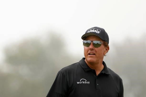 Phil Mickelson of the United States looks on from the 15th hole during a practice round prior to the start of the 2021 U.S. Open at Torrey Pines Golf...