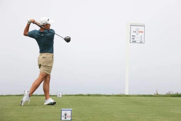 Collin Morikawa of the United States plays his shot from the fourth tee during a practice round prior to the start of the 2021 U.S. Open at Torrey...