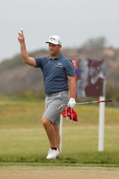 Jon Rahm of Spain waves during a practice round prior to the start of the 2021 U.S. Open at Torrey Pines Golf Course on June 14, 2021 in San Diego,...