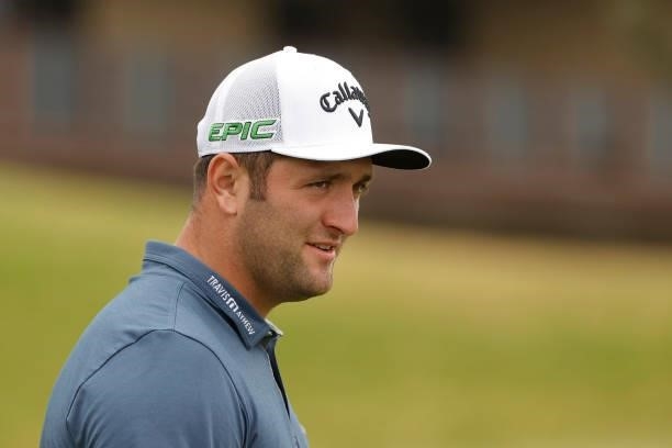 Jon Rahm of Spain looks on during a practice round prior to the start of the 2021 U.S. Open at Torrey Pines Golf Course on June 14, 2021 in San...
