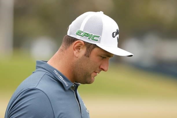 Jon Rahm of Spain looks on during a practice round prior to the start of the 2021 U.S. Open at Torrey Pines Golf Course on June 14, 2021 in San...