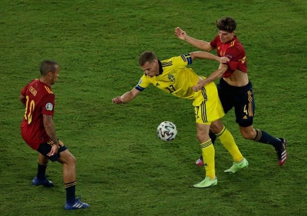 Viktor Claesson of Sweden battles for possession with Pau Torres of Spain during the UEFA Euro 2020 Championship Group E match between Spain and...
