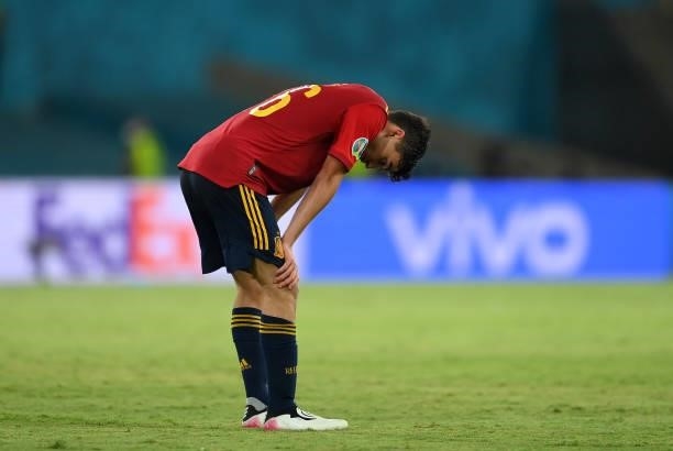 Pedri of Spain looks dejected following the UEFA Euro 2020 Championship Group E match between Spain and Sweden at the La Cartuja Stadium on June 14,...
