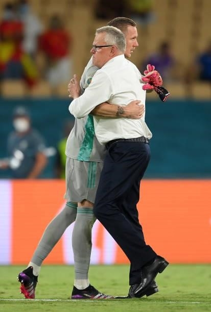 Jan Andersson, Head Coach of Sweden shakes hands with Robin Olsen of Sweden following the UEFA Euro 2020 Championship Group E match between Spain and...