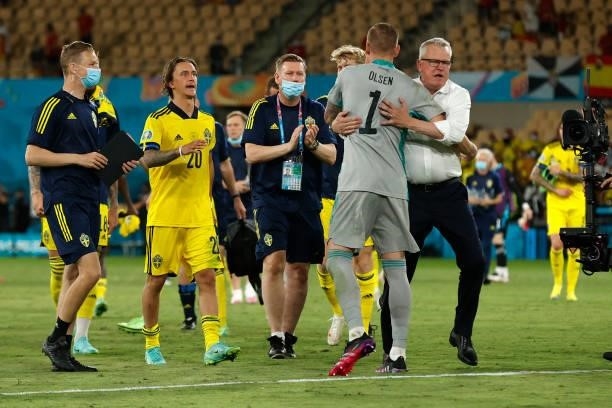 Jan Andersson, Head Coach of Sweden celebrates with Robin Olsen of Sweden after the UEFA Euro 2020 Championship Group E match between Spain and...