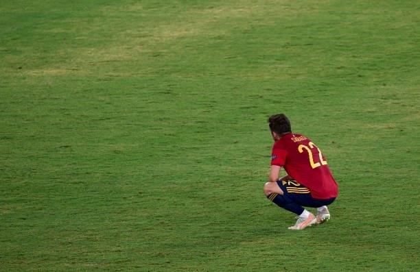 Pablo Sarabia of Spain reacts on the pitch during the UEFA Euro 2020 Championship Group E match between Spain and Sweden at Estadio La Cartuja on...