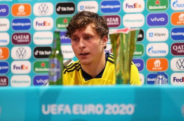 In this Handout picture provided by UEFA Victor Lindeloef of Sweden talks during the Sweden Press Conference after the UEFA Euro 2020 Championship...