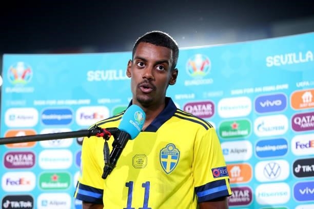 Alexander Isak of Sweden is interviewed after during the UEFA Euro 2020 Championship Group E match between Spain and Sweden at the La Cartuja Stadium...