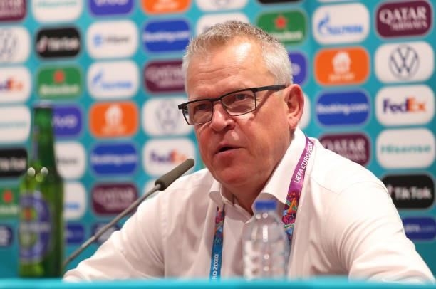 In this Handout picture provided by UEFA Jan Andersson, Head Coach of Sweden during the Sweden Press Conference after the UEFA Euro 2020 Championship...