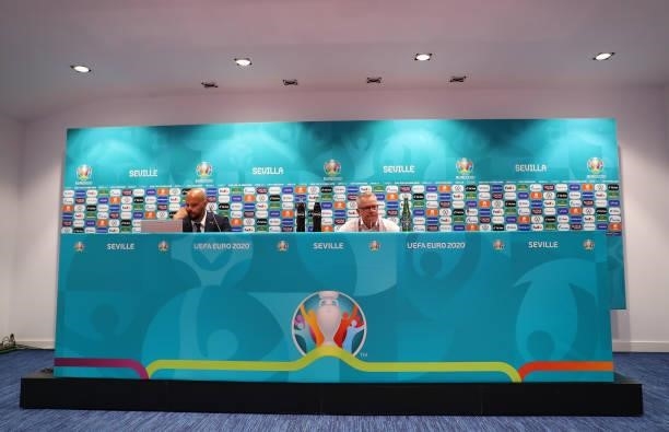 In this Handout picture provided by UEFA Jan Andersson, Head Coach of Sweden during the Sweden Press Conference after the UEFA Euro 2020 Championship...